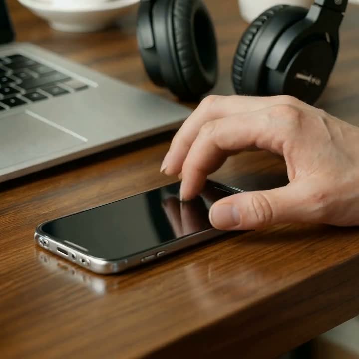 Hand greift nach einem Handy neben einem Laptop